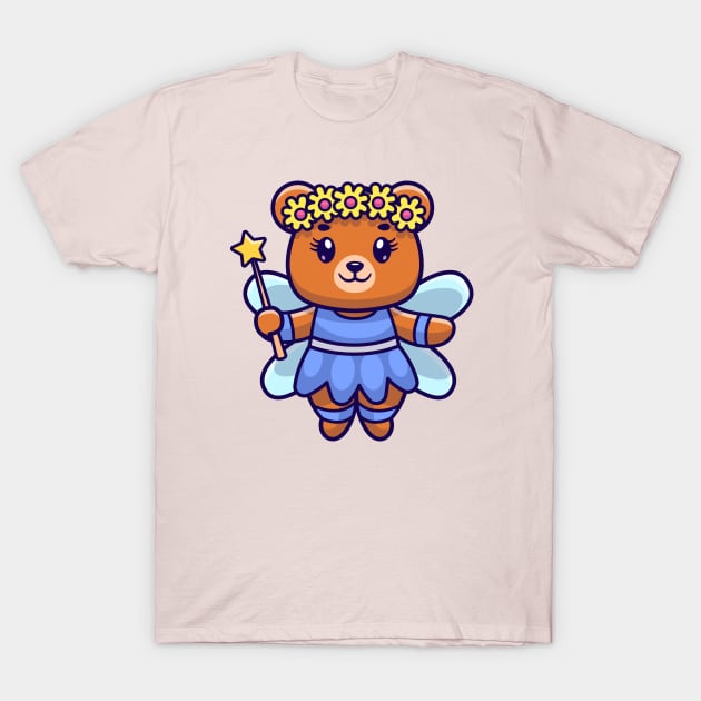 Cute Bear Fairy Holding Magic Wand Cartoon T-Shirt by Catalyst Labs